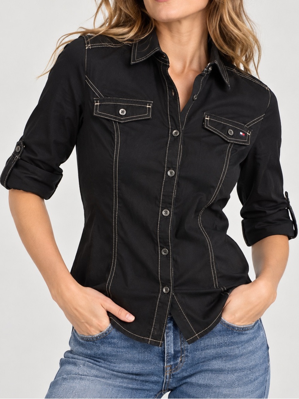 Tommy Hilfiger Black Western Shirt Contrast Stitch Fitted Roll Tab Sleeve S